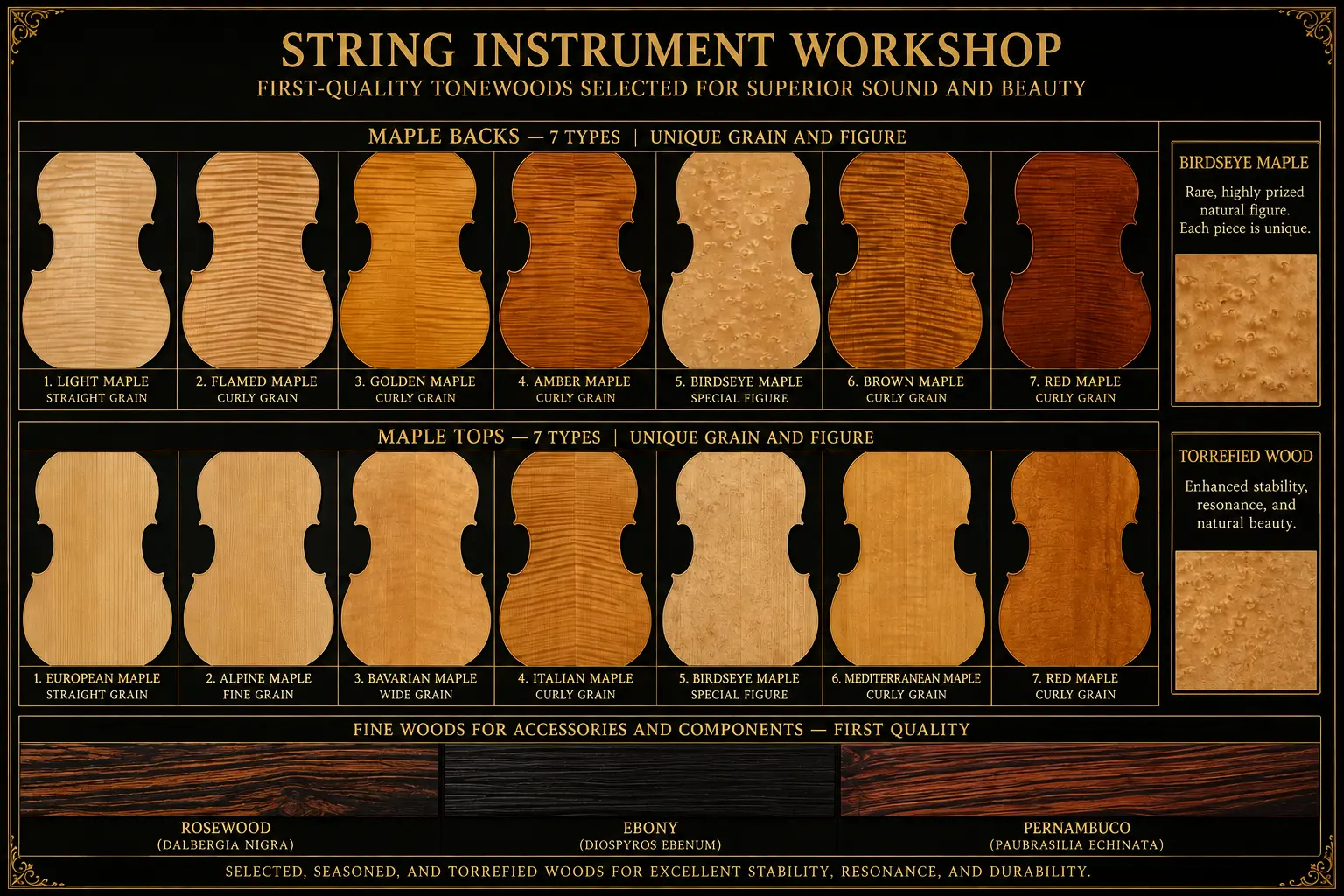 Selected tonewoods for string-instrument tops and backs